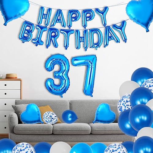 Miniatura 6 de Decoración de fiesta de cumpleaños número 37, globos azules de papel de aluminio con el número 37, cinta de feliz cumpleaños, decoración de pastel