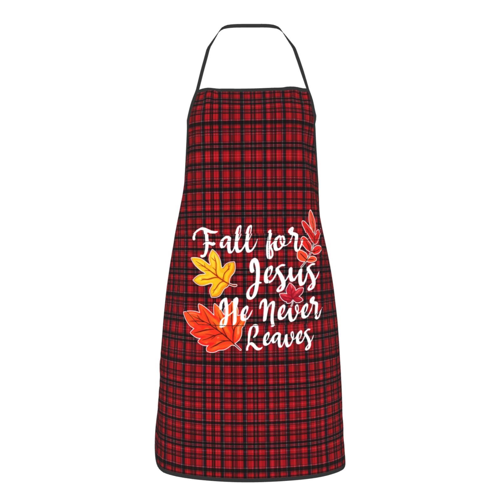 nopicsn Fall for Jesus He Never Leaves Apron for cooking with Pockets Women Men Kitchen Chef Funny Aprons