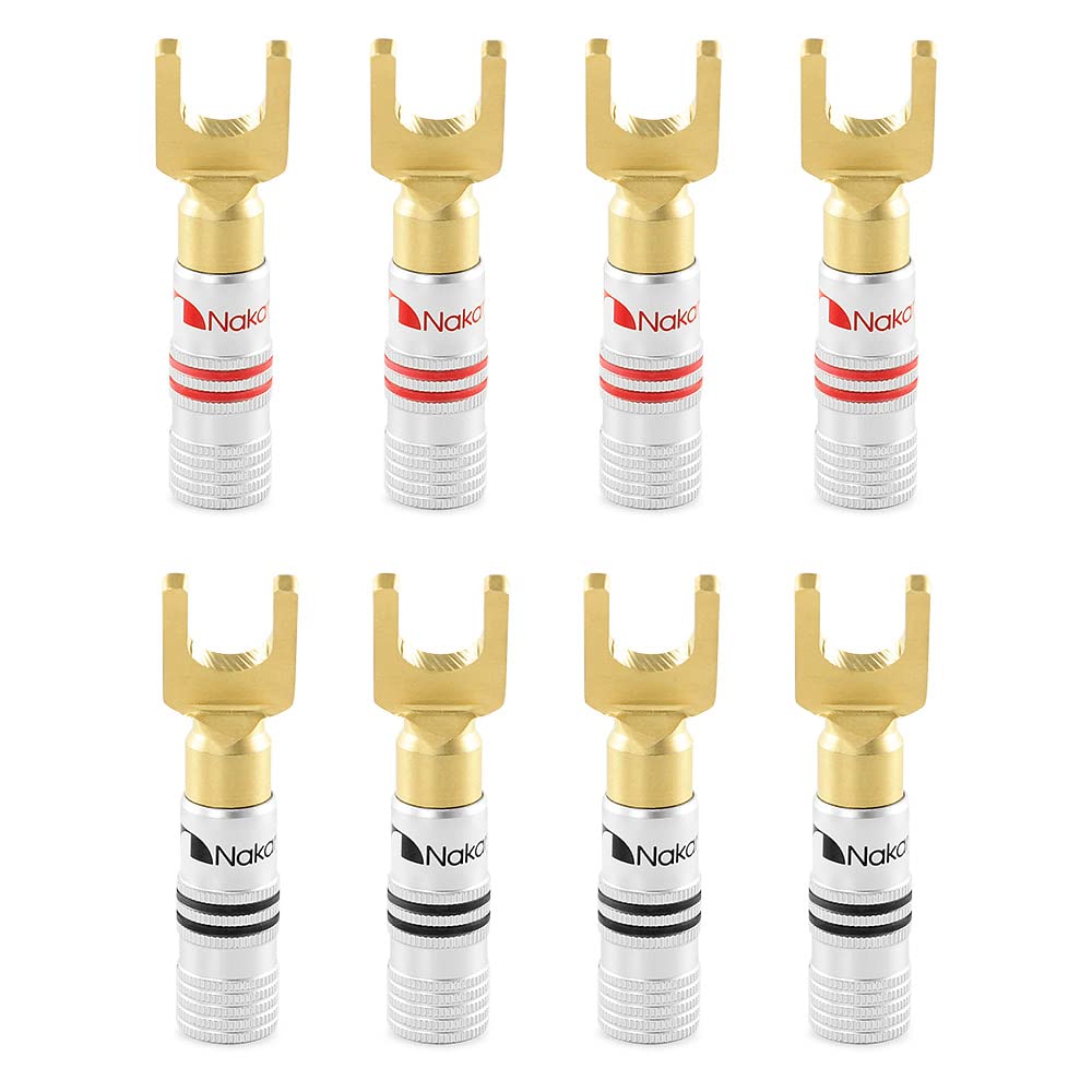 NakamichiExcel Series 24k Gold Plated Spade Y Banana Plug 12-18 AWG Gauge Size 4mm Speakers Amplifier Hi-Fi AV Stereo Home Theatre Audio Wire Cable Screw Connector, 8 Pcs (4-Pairs)