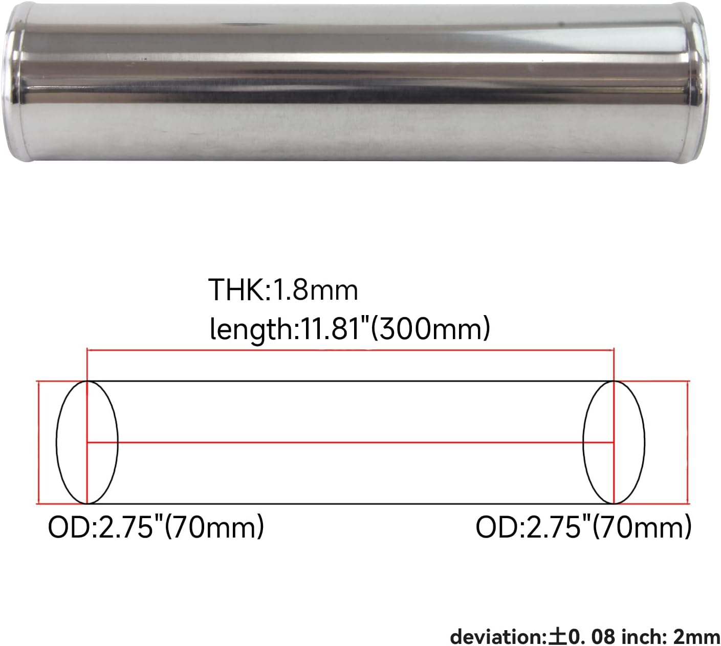 Universal OD 2.75" Length 11.81" 300mm Aluminum Intercooler Piping Pipe Straight Alloy Tube Intake Pipe Connector
