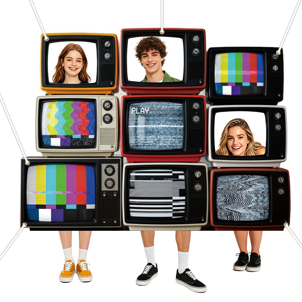 WADORN Vintage TV Photo Booth Props, 79x59 Inch Large 1950s Theme Party Decorations Television Photo Frame Background Banner Backdrop for Holiday Birthday Party Movie Night Theater Game Room Supplies