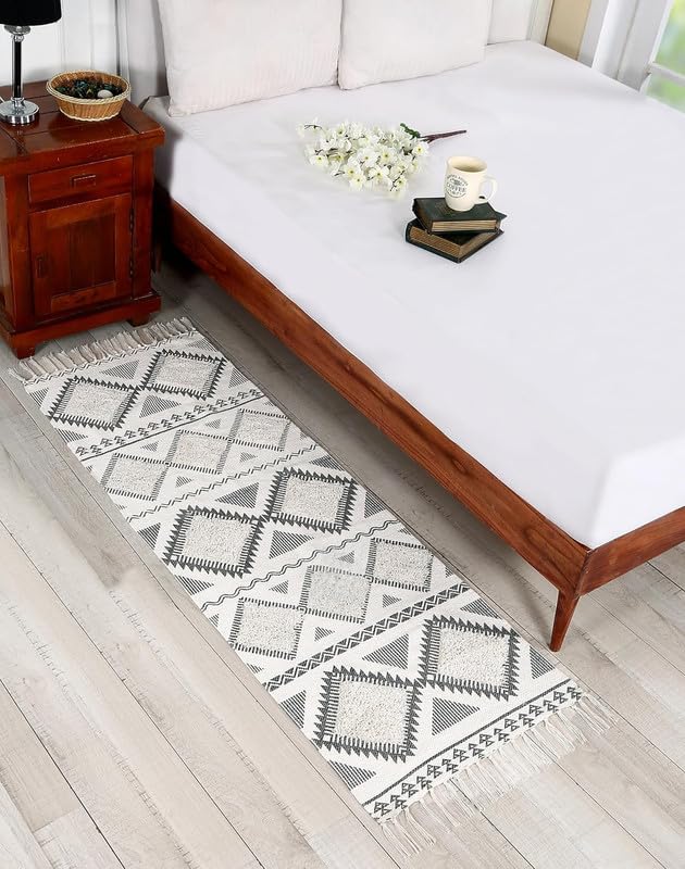 Image of FIASCO Hand Woven 100% Natural Cotton Export Quality Designer Striped Rug, Bed Side Runner Rug Carpet for Bedroom, Passage,Living Room, Size- 2X5 Feet Black and Natural White