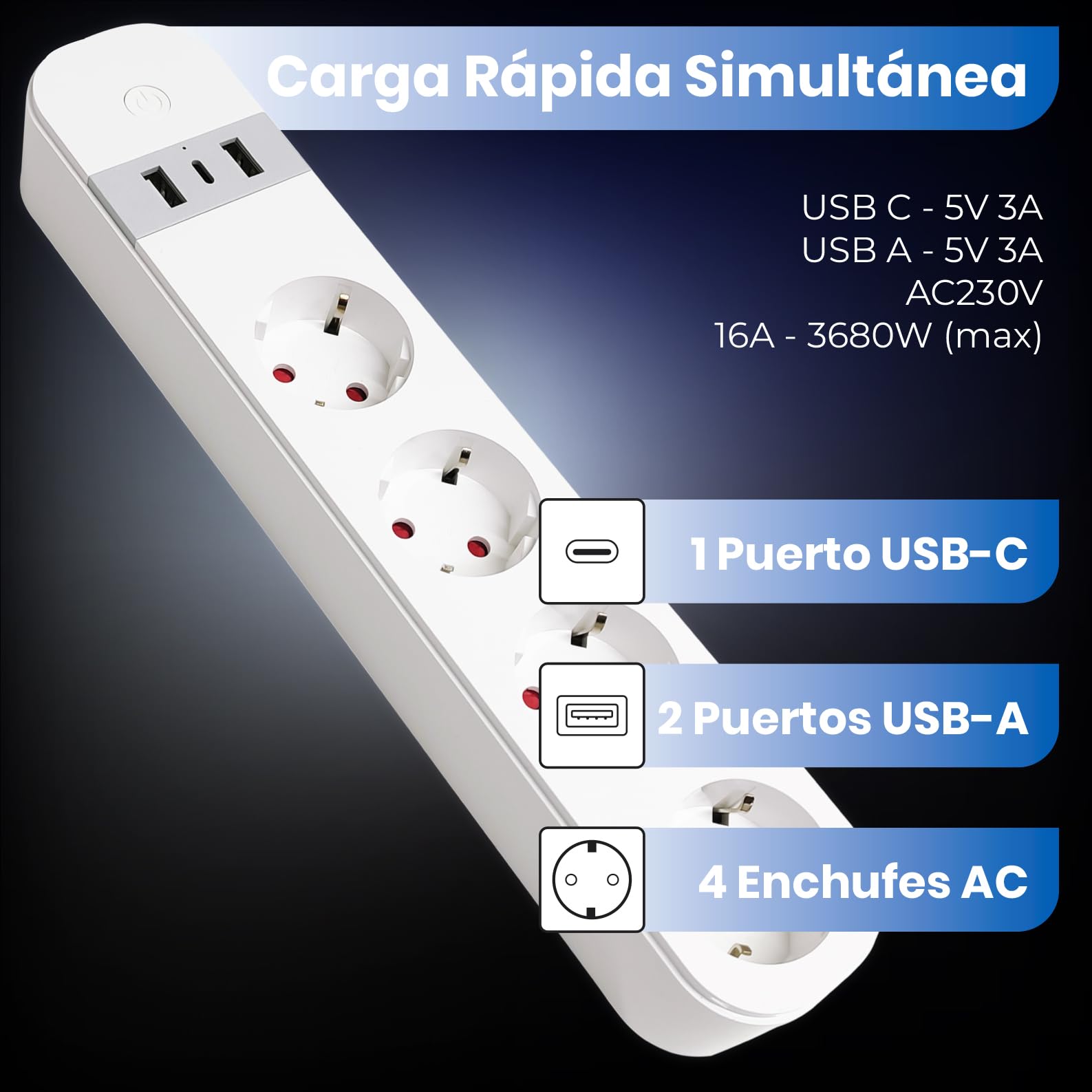 LED ATOMANT 4X Regleta WiFi USB Alargador 4 Tomas 2 USB 1 Tipo C | Compatible con Alexa y Google Assistant, App Smart Life y Tuya