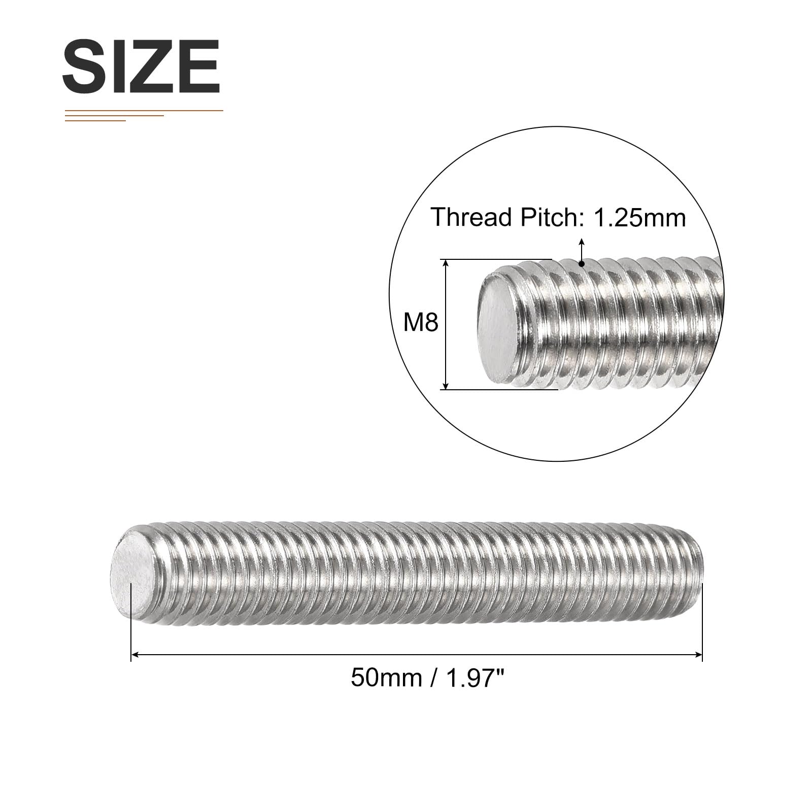 DTGN M8x1.25x50mm(DxPxL) Fully Threaded Rod, 10Pack, Good for Machinery, 304 Stainless Steel Right Hand Thread Rods Bar Studs - Image 2