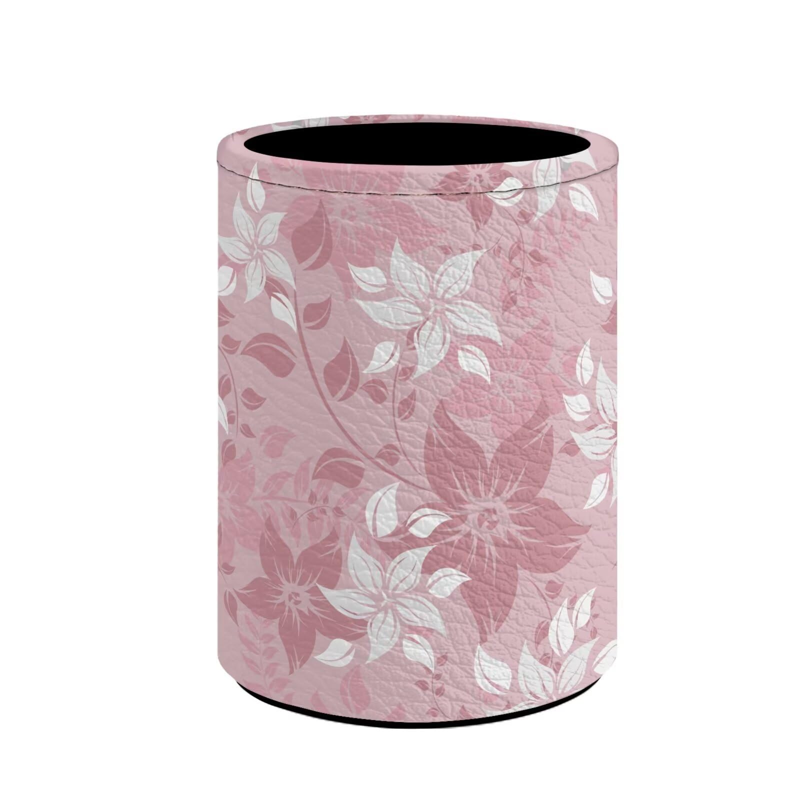 Buxolandt White Pink Floral Pattern Print Pencil Pen Holder Cup Round Makeup Brush Holder Storage Organizer Desktop Pencil Cup for Home Office Supplies Classrooms Library, Leather Desk Accessories