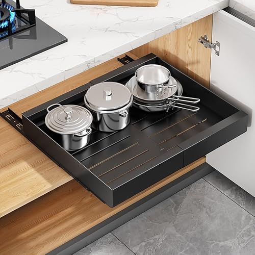 Kitstorack Pull Out Cabinet Organizer, Extendable Slide Out Drawer Storage Shelves for Kitchen Cupboard with Adhesive Film, Roll-Out Sliding Drawer Organiser Shelf, (30-50 CM W x 43 CM D x 5.8CM H)