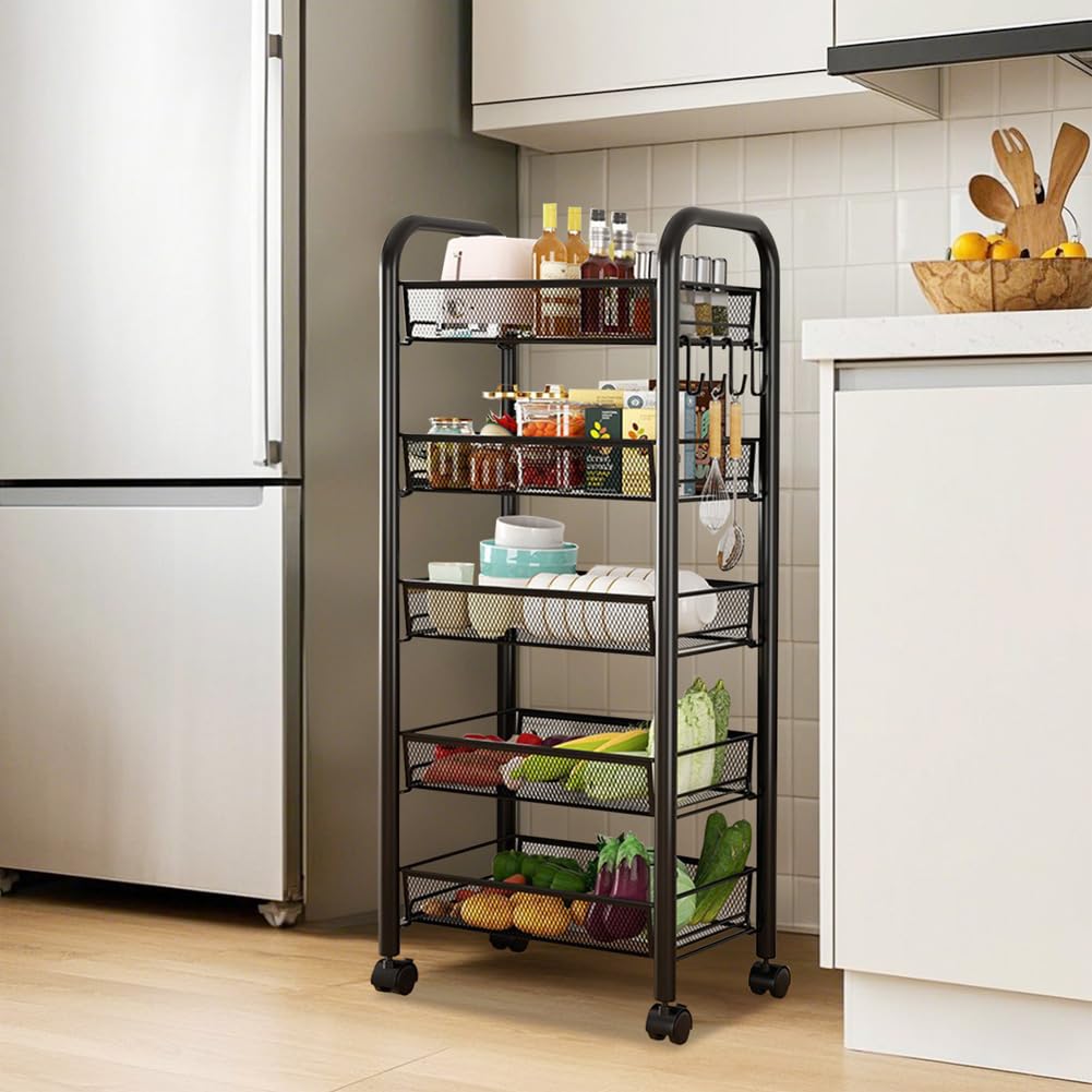 Carro de Almacenaje Rodante 5 Niveles para Despensa, Estructura de Acero con Cesta de Malla Apilables y Ganchos - Estantería Portátil con Ruedas para Cocina, Oficina,Negro