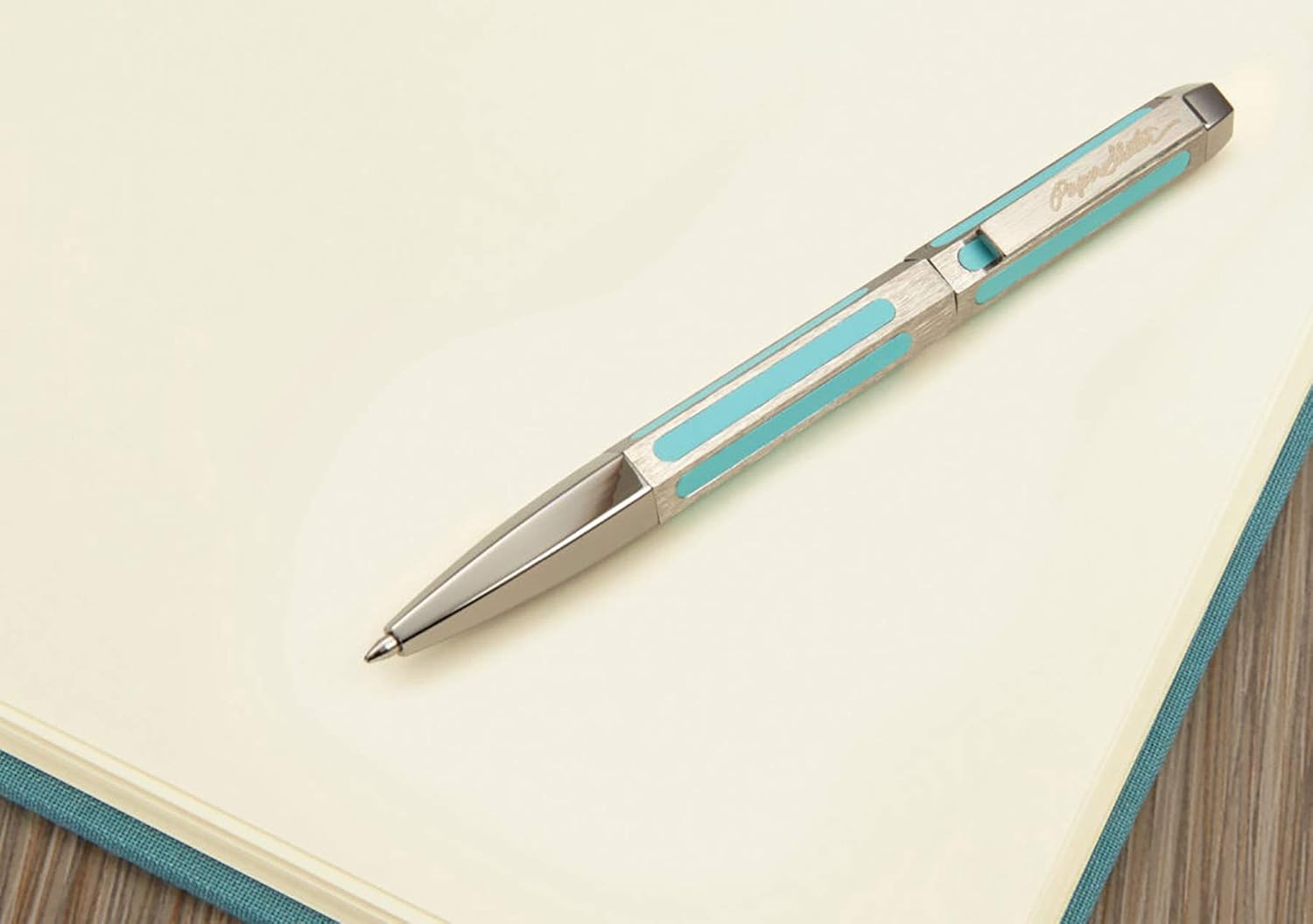 Itoya PaperSkater Timeless Ballpoint Pen, Hexagonal Metal Body with Twist Mechanism, Gunmetal Body/Ocean (TL-GM-OC)