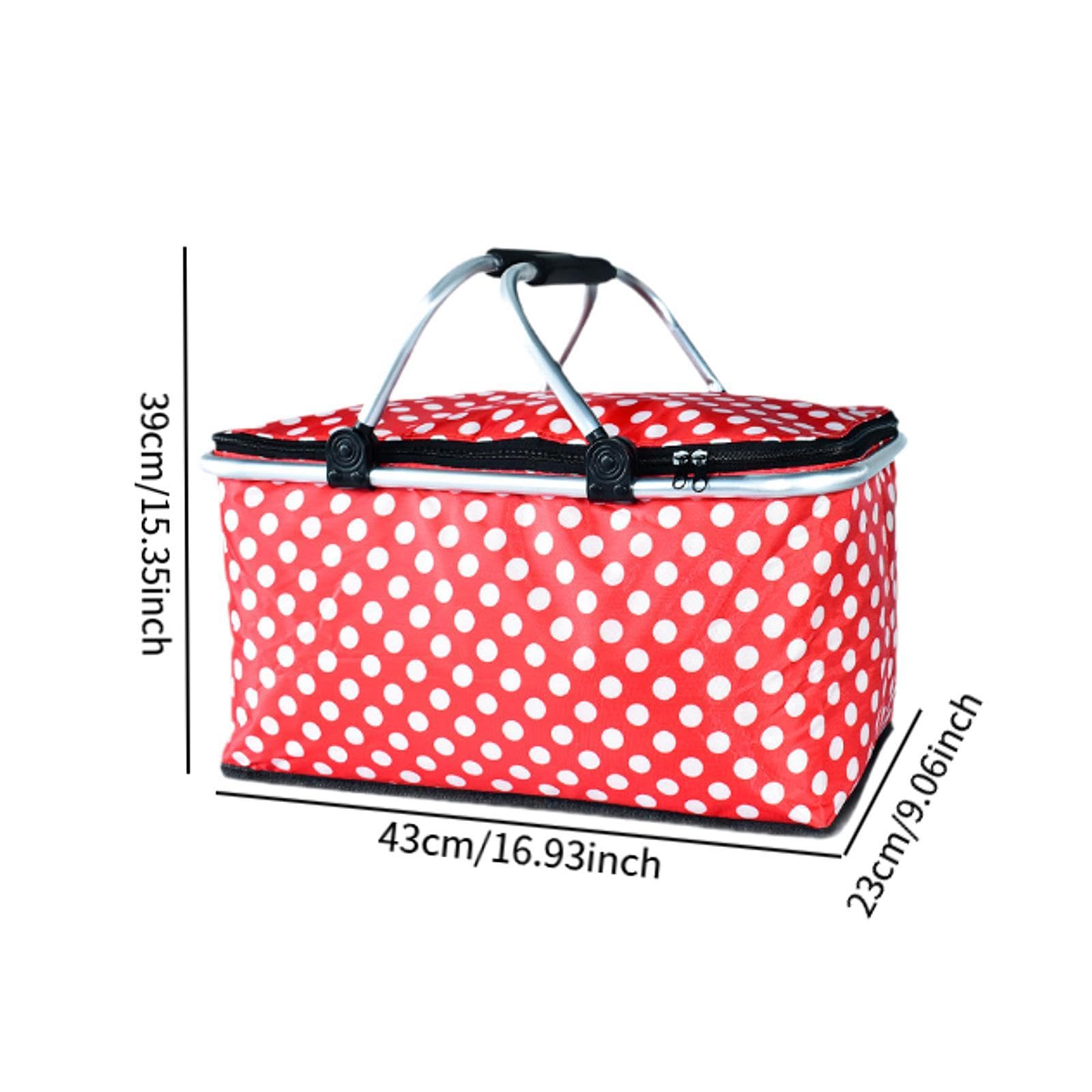 Bolsa Isotérmica Tipo Cesta de Picnic con Forro Impermeable, Térmica Plegable para Viajes, Senderismo Y Acampada, Punto Rojo
