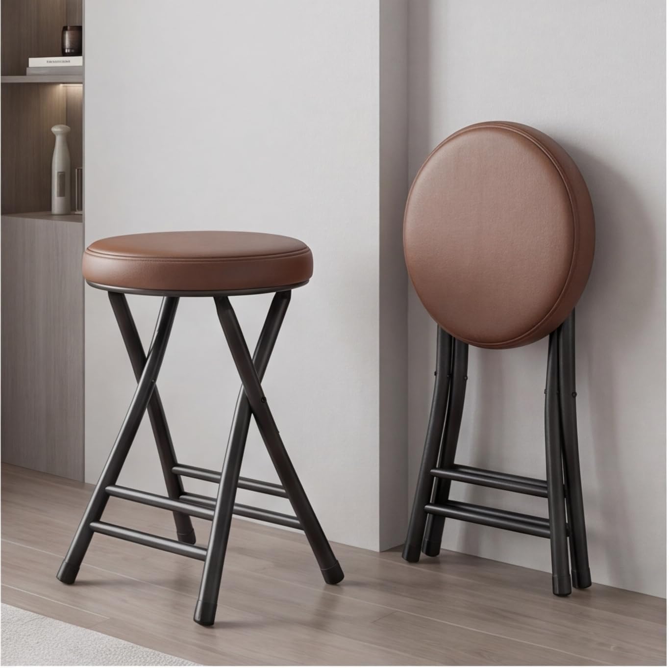 20" Home Folding Stool Collapsible Padded Bar Stool Round Kitchen Stools No Back Portable Breakfast Chairs PU Leather for Kitchen Breakfast Cafe(2 Brown Chairs)