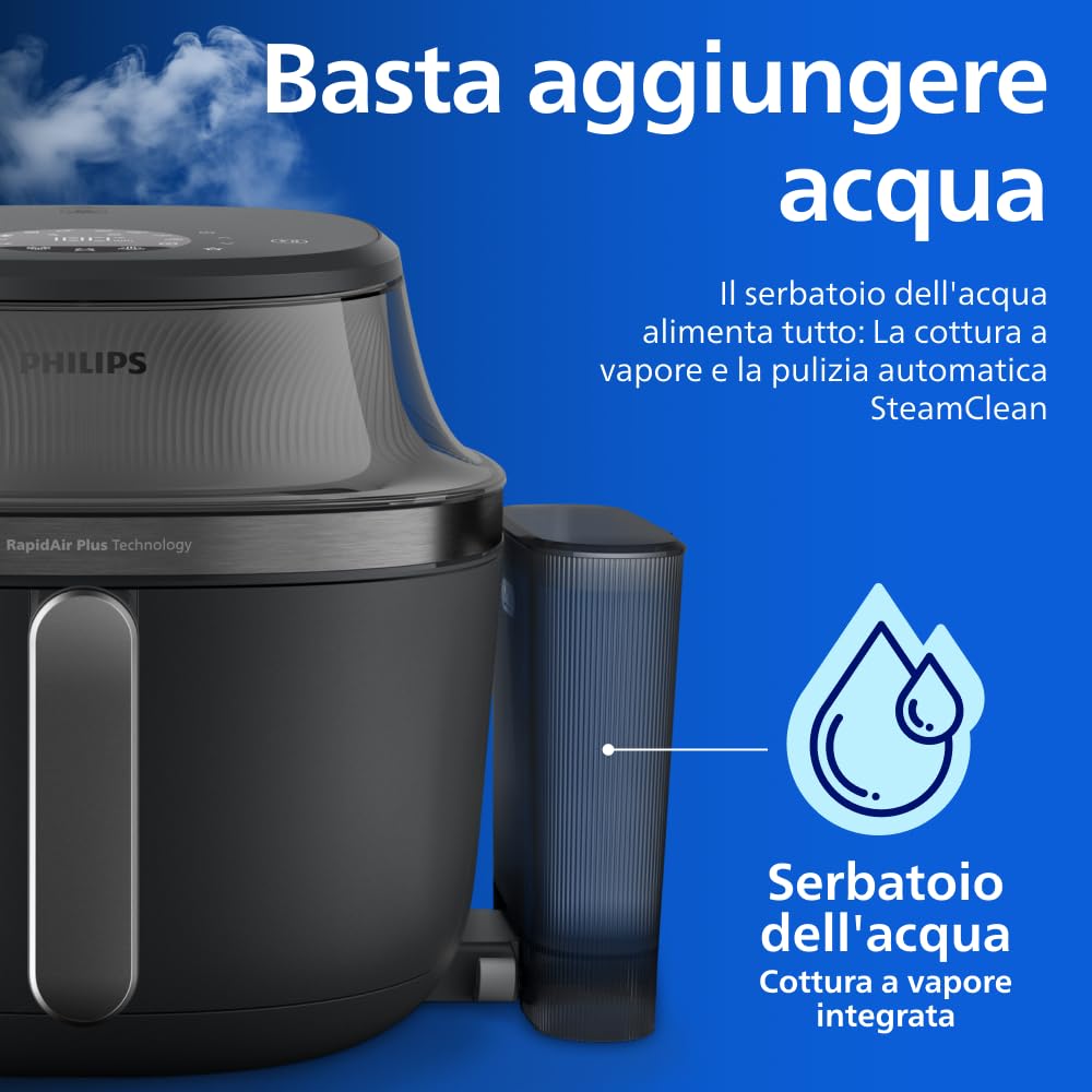 Philips Airfryer Serie 5000 con vapore: Frittura ad aria, cottura a vapore o combinata, 21 modalità, Capacità 7,2 L, Tec. RapidAir Plus, finestrella, Rivestimento ceramica, Auto SteamClean (NA540/00)