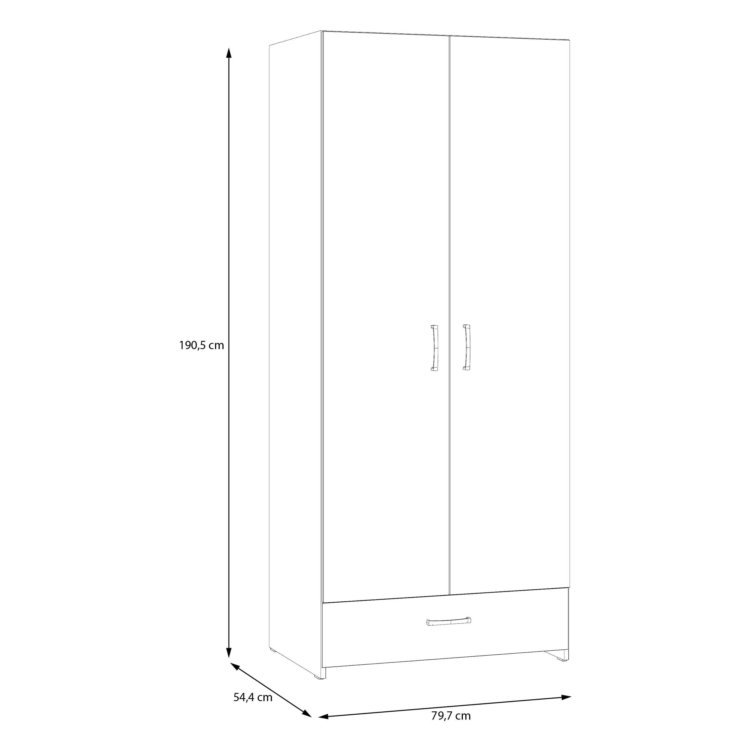 Forte ECONOBOX Kleiderschrank 80, klassischer Schrank mit 2 Türen und 1 Schublade, Holzwerkstoff, Weiß, 79,7 cm breit, 190,5 cm hoch, 54,4 cm tief