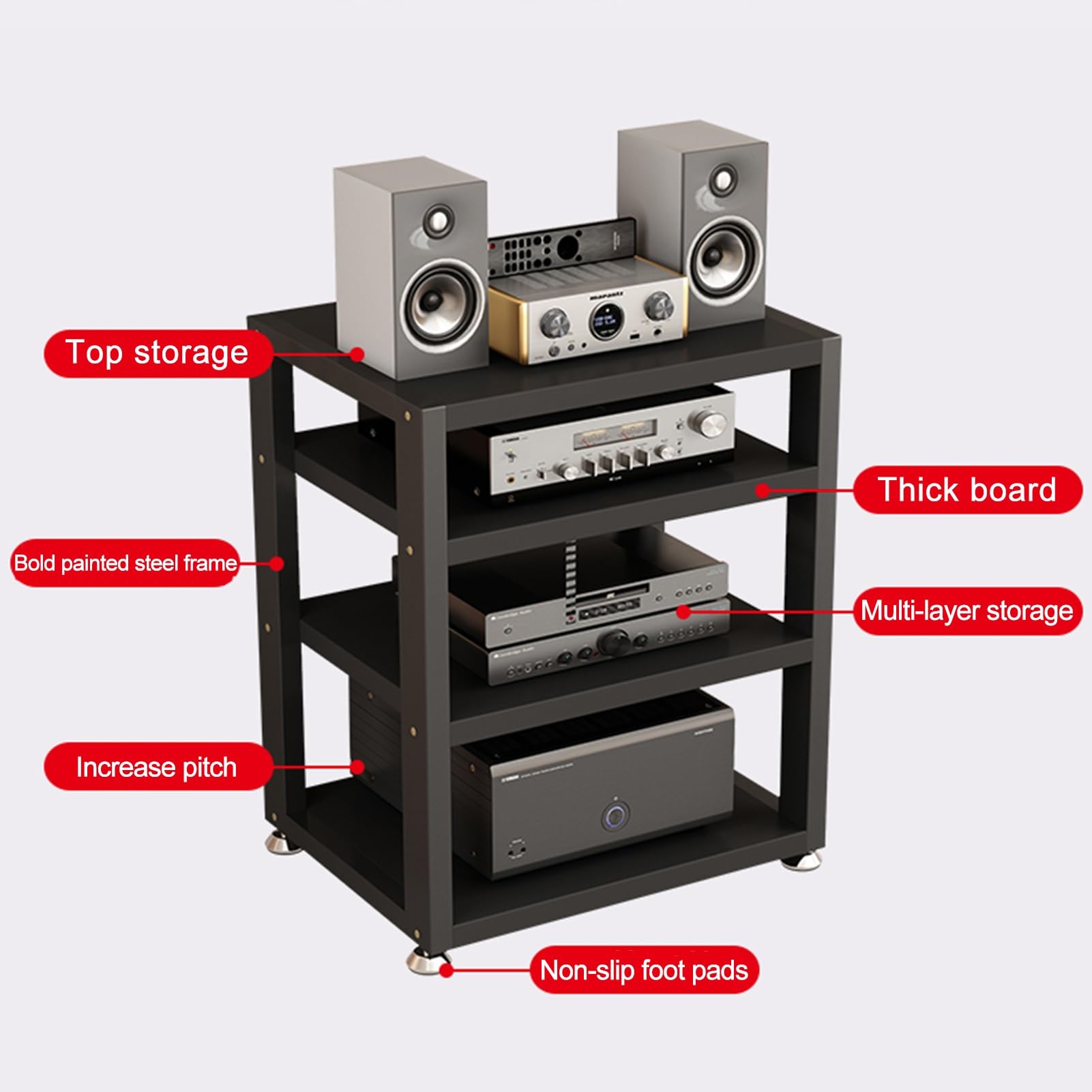 Generico Supporto per Rack Audio HiFi, Supporto multimediale a 2/3/4 Livelli per componenti AV, mobiletto per Giradischi con Piedini ammortizzanti, Nero, 15,7x13,7x13,9 Pollici - Perfetto per l'insta