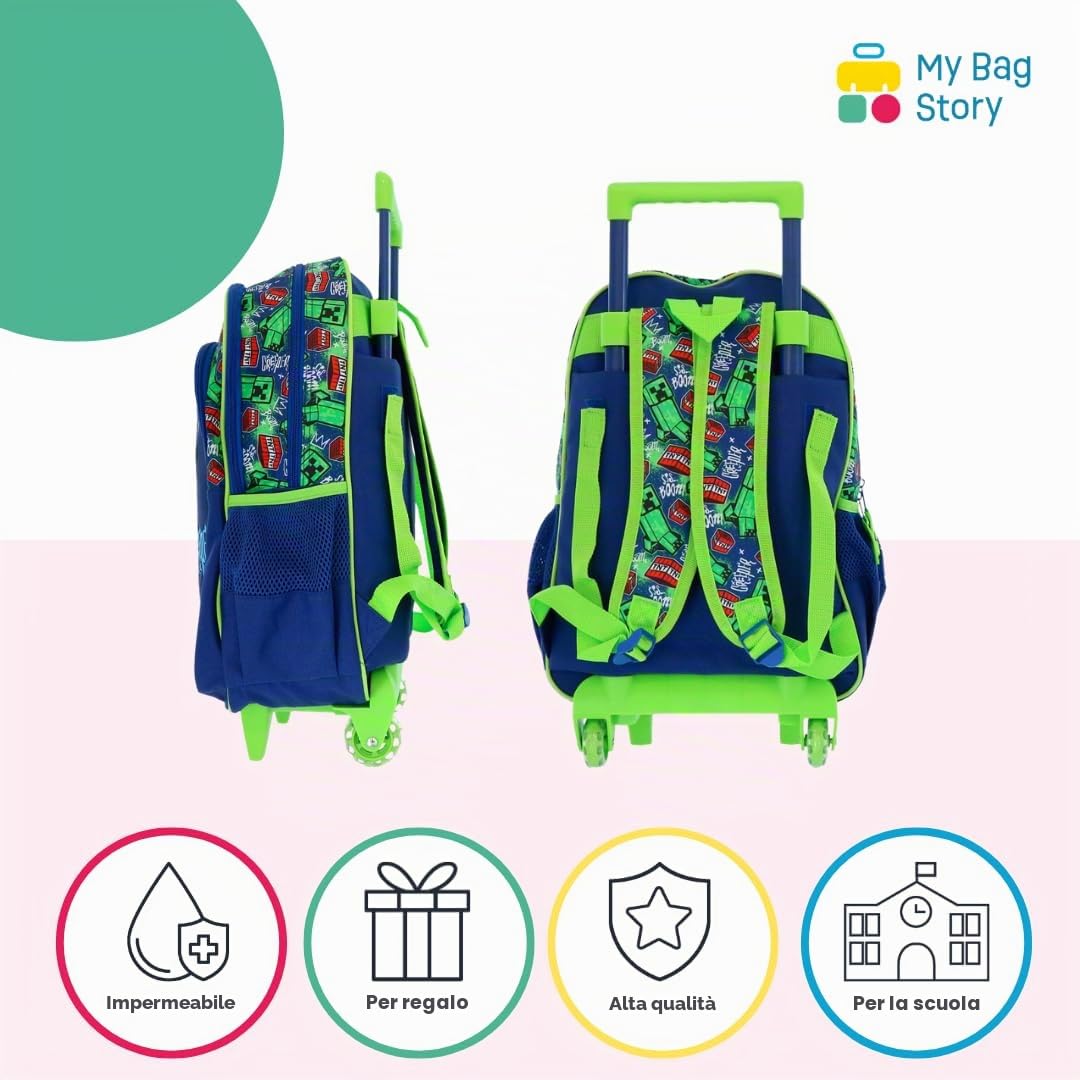 mybagstory | Zaino con ruote Minecraft | 2 scomparti | Verde | Borsa scuola Creeper Boom 48 cm con tasche laterali in rete e robusto sistema trolley ideale per la scuola elementare.