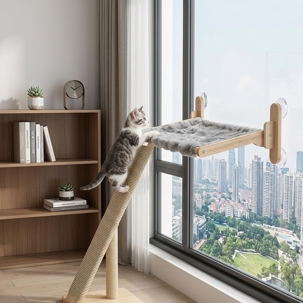 Sommer Leichter Katzenfensterhängematte mit Holzrahmen, faltbar, Abnehmbarer waschbarer Plüschbezug, 4 Starke Saugnäpfe, bohrfrei für alle Katzen（Weiß，S）