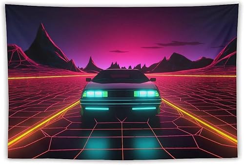 QEOPGNE Large Tapestry Wall Hanging Decor Retro Neon Futuristic Car Sunset Synthwave Retrowave Large Tapestry Wall Decor for Bedroom Aesthetic