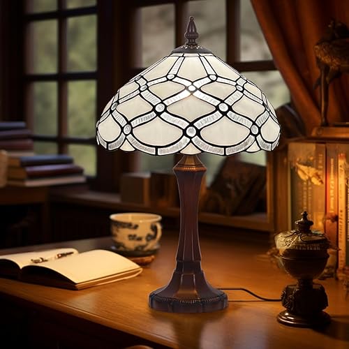 Miniatura 3 de Lámpara de mesa Tiffany, luz de mesa de vidrieras blancas, lámpara de escritorio de tamaño mediano, estilo antiguo, lámpara de lectura vintage para