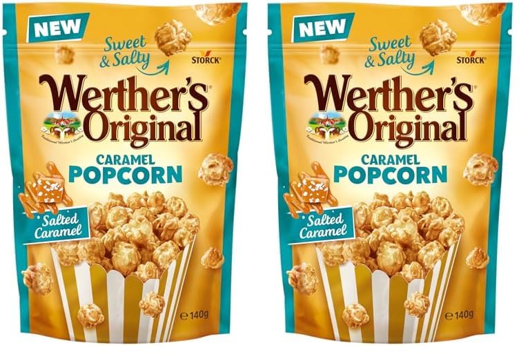 Werther's Original Caramel Popcorn, Gourmet Popcorn with a Caramel Twist, 140 g (Pack of 2 Bags)