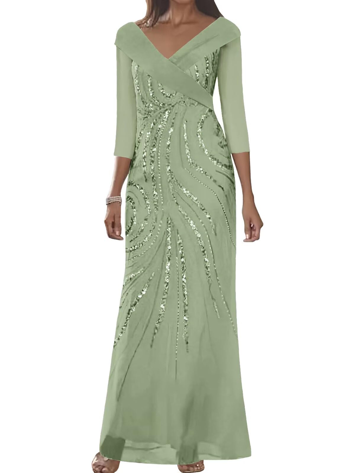 Geforsp Beaded Sequin Mother of The Bride Dresses for Women with Sleeves V Neck Chiffon Long Formal Evening Party Gown