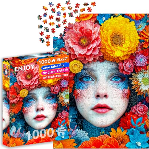 Puzzle 1000 pièces pour Adultes - Portrait Fantastique : Yeux Bleus et Fleurs colorées | Finition Mate antireflet | Puzzle Amusant et exigeant | 68 x 48 cm | Cadeau Original | Enjoy