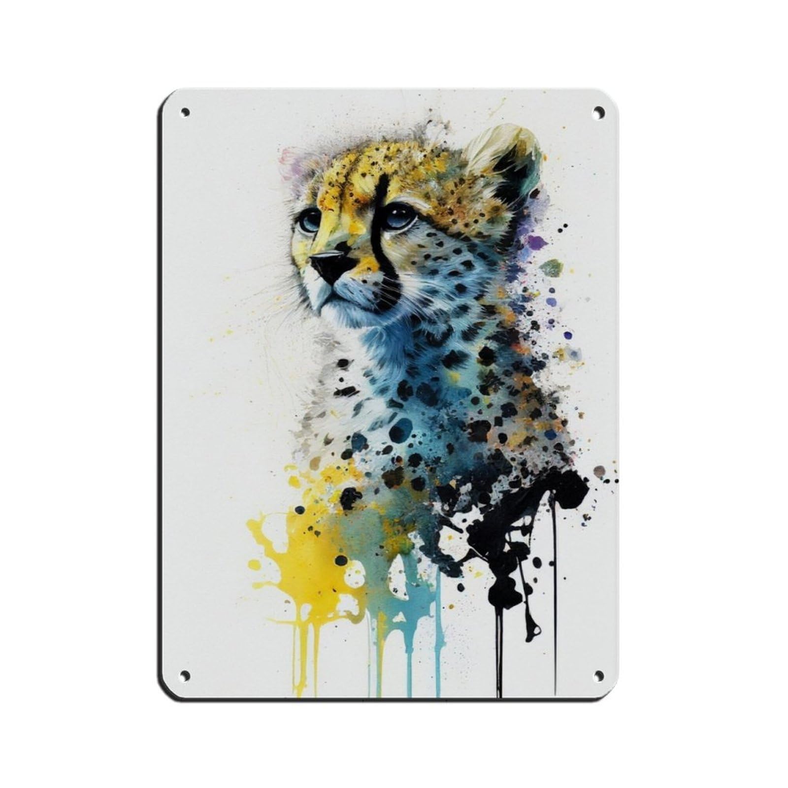 Watercolour Cheetah Portrait Poster Tin Sign Vintage Metal Pub Club Cafe Bar Home Wall Art Decoration Poster Retro 12x16inch(30x40cm)