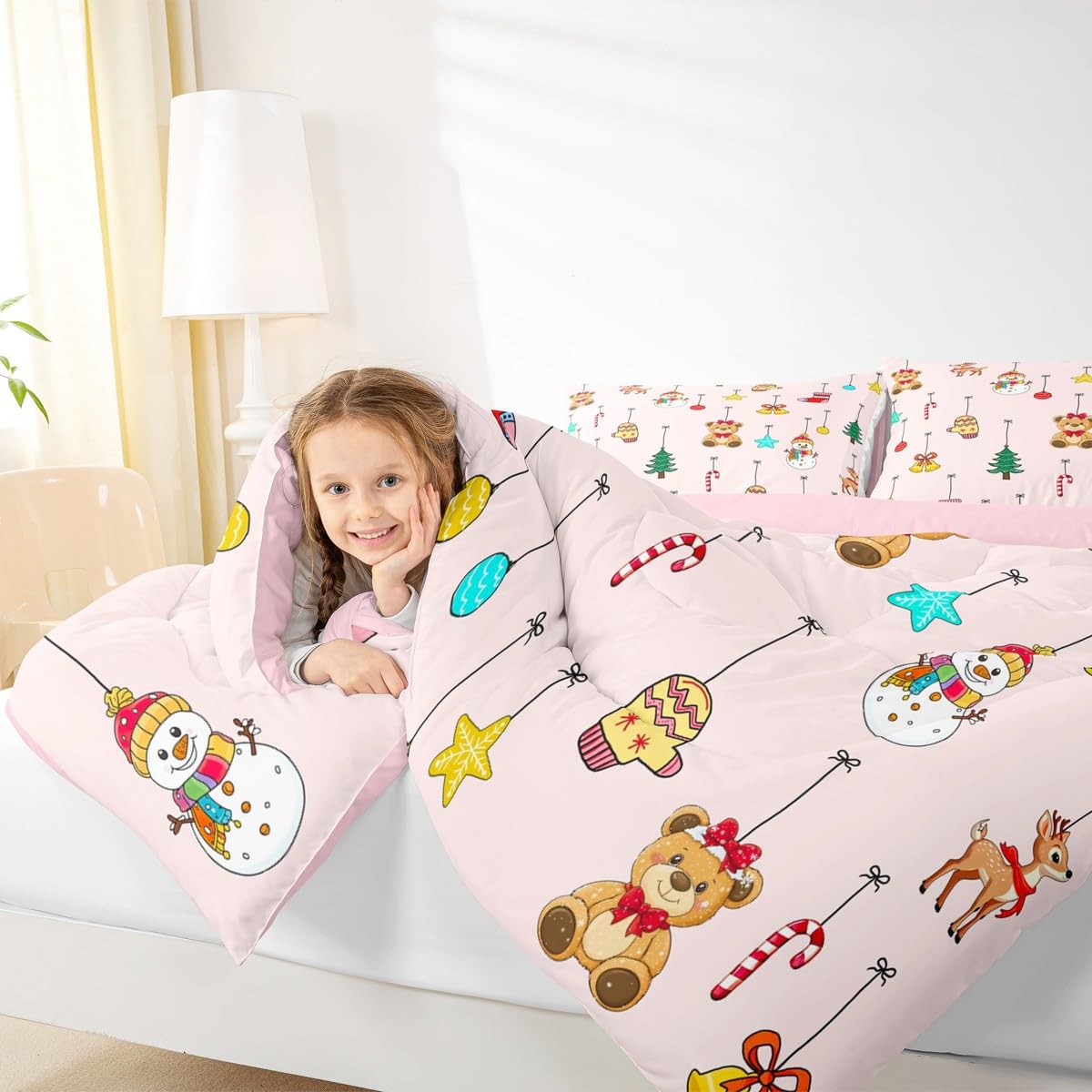 Homewish Różowy świąteczny zestaw kołdry w rozmiarze King Size - uroczy bałwan niedźwiedź dzwonki zestaw pościeli dla dzieci nastolatków lampki świąteczne zestaw kołdry - skarpety choinkowe bez