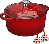 UmiteChef 5QT Enameled Cast Iron Dutch Oven with Lid & Cotton Potholders - Red, Oven Safe 500°F for Braising, Stews, Baking, Roasting