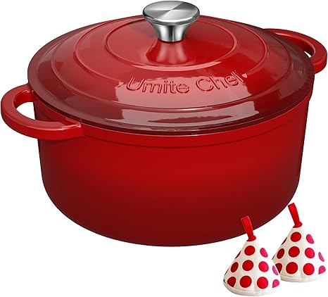 Enameled Cast Iron Dutch Oven - Umite Chef 5QT Pot with Lid & Cotton Potholders - Heavy-Duty Cookware for Bread Baking, Braising, Stews, Roasting(Red)
