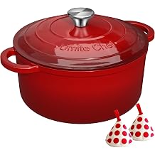 Enamelled Cast Iron Dutch Oven - Umite Chef 5QT Pot with Lid Cookbook & Cotton Pot Holder - Durable Cookware for Braising, Stewing, Roasting, Bread, Red