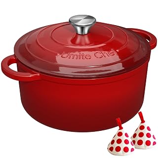 Enameled Cast Iron Dutch Oven - Umite Chef 5QT Pot with Lid & Cotton Potholders - Heavy-Duty Cookware for Bread Baking, Braising, Stews, Roasting(Red) - Amazon product rated Grade A