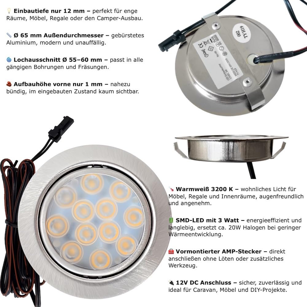 Rolux 7 Stück LED Möbelleuchten Einbaustrahler Edelstahl Gebürstet flach 3W warmweiß 3200K 200lm 12V Möbeleinbauleuchte für das Wohnzimmer, Küche und Bad. Lochausschnitt 55-60 mm. D = 65 mm