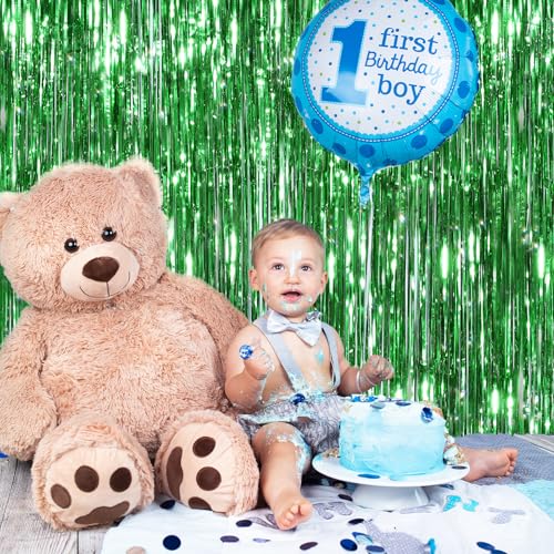 Image of 2 Pack Green Streamers Backdrop Jungle Party Decorations Green Foil Fringe Backdrop Curtains Photo Booth Backdrop for Birthday Dinosaur Animal St Patrick's Day Football Xmas Graduation Party Decors