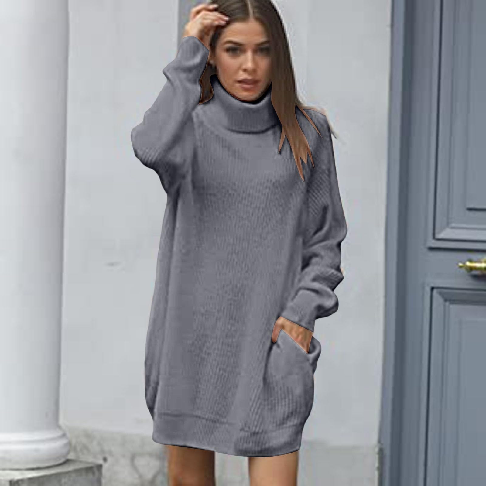 Damen Rollkragen Pulloverkleid Oversize Langarm Pullover Tops Strick Weich Casual Lose Lange Tunika Minikleider