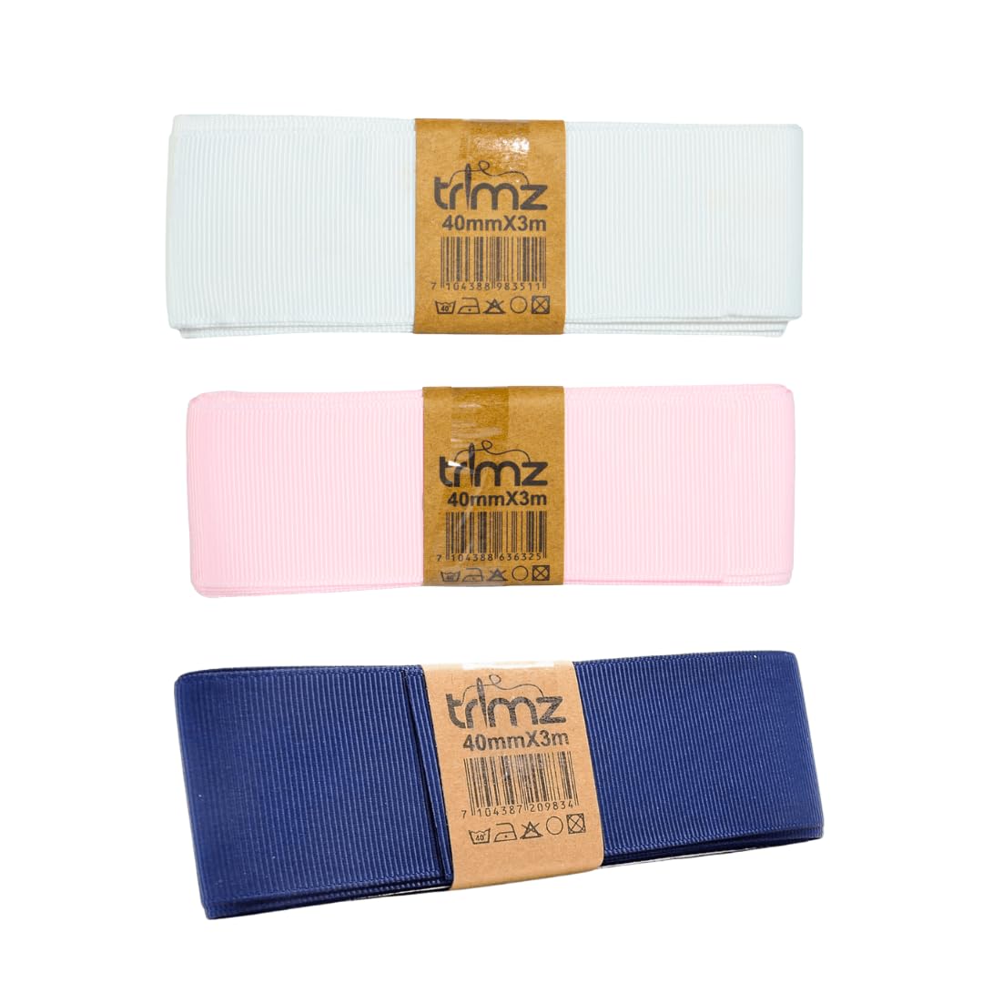 Trimz Grosgrain Ribbon Wide Ribbon Pack - 40mm x 3m - White, Pink, Navy