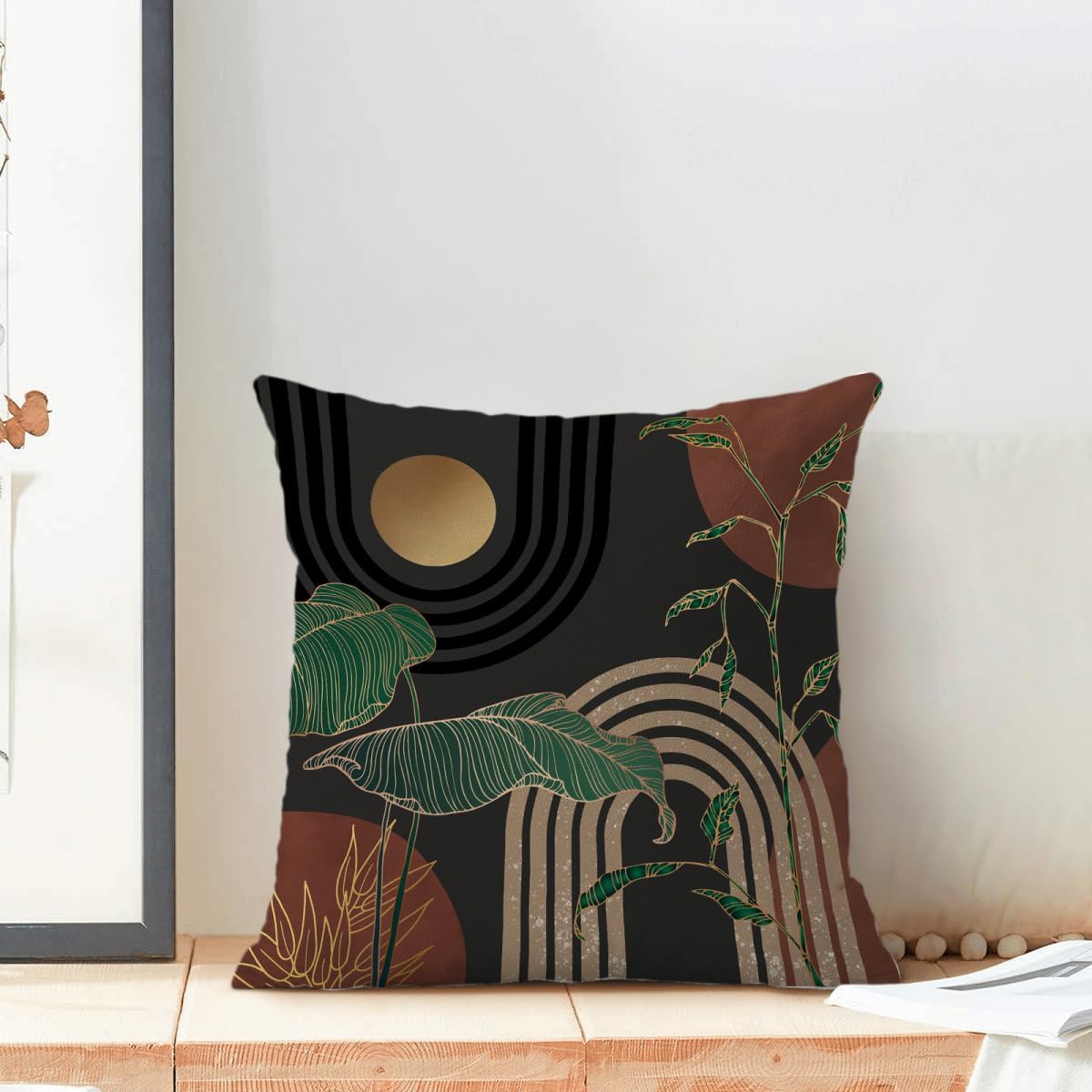 Boho Pillow Covers 16x16 Inch Set of 2 Gold Green Tropical Leaf Brown Mid Century Throw Pillow Covers Summer Bohemian Grey Pillow Cases Outdoor Decor for Living Room Bedroom Linen Square Cushion image 3