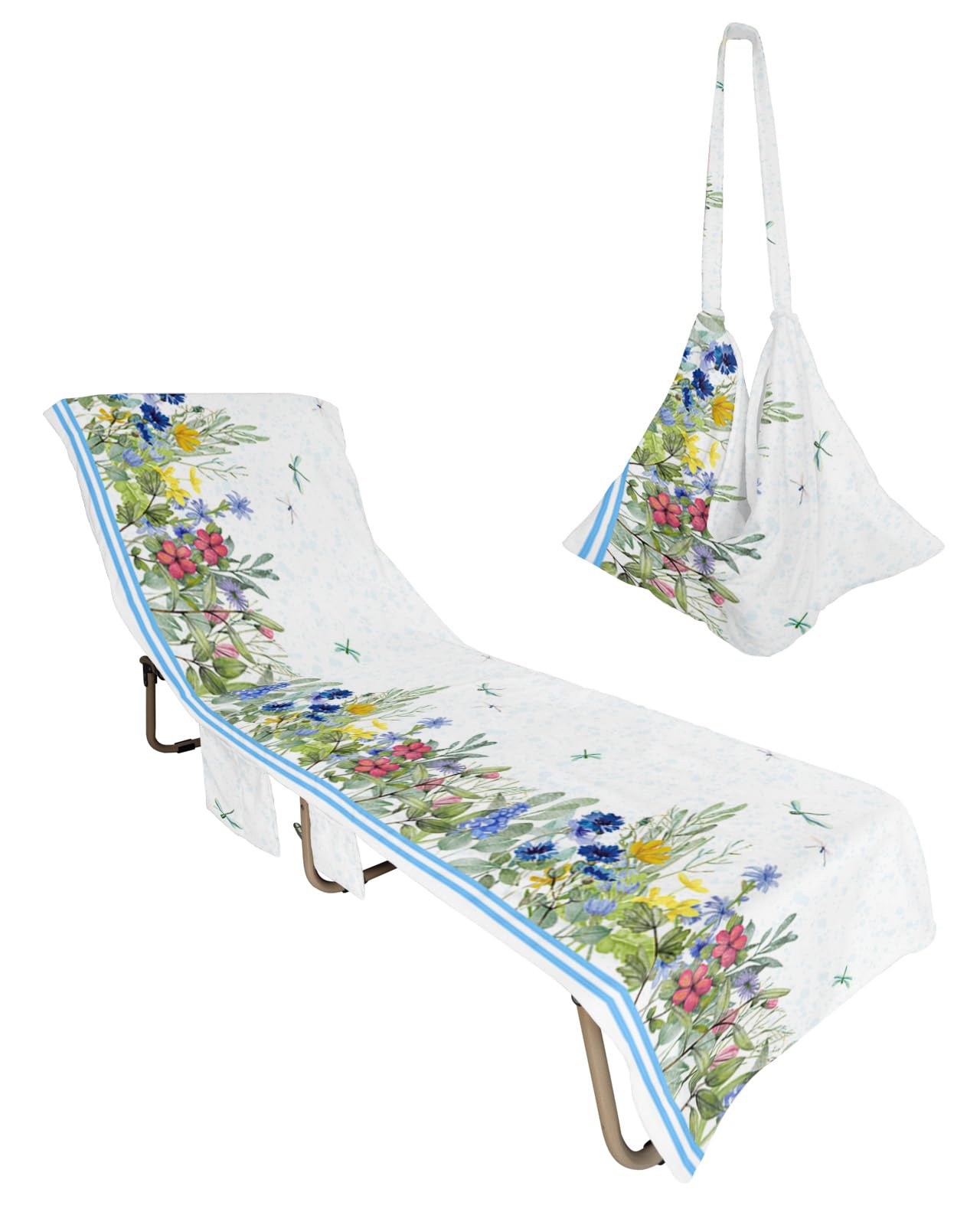 Pastoral Botanical Beach Lounge Chair Towel Cover, Soft Chaise Lounge Towel with Side Pockets Patio Pool Chairs Cover for Beach/Pool Sunbathing 29x85 Colorful Spring Floral Summer Dragonfly
