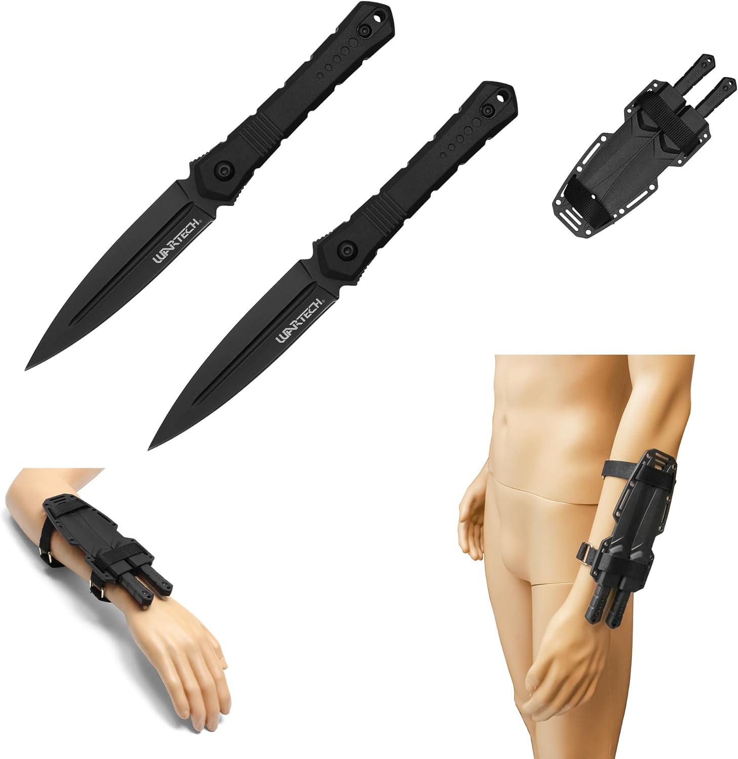 LALAPORT 7.5” Dual Arm Tactical Fixed Blade Knife Set | Spear Point Knives with Forearm Sheath | Survival EDC (BLACK)