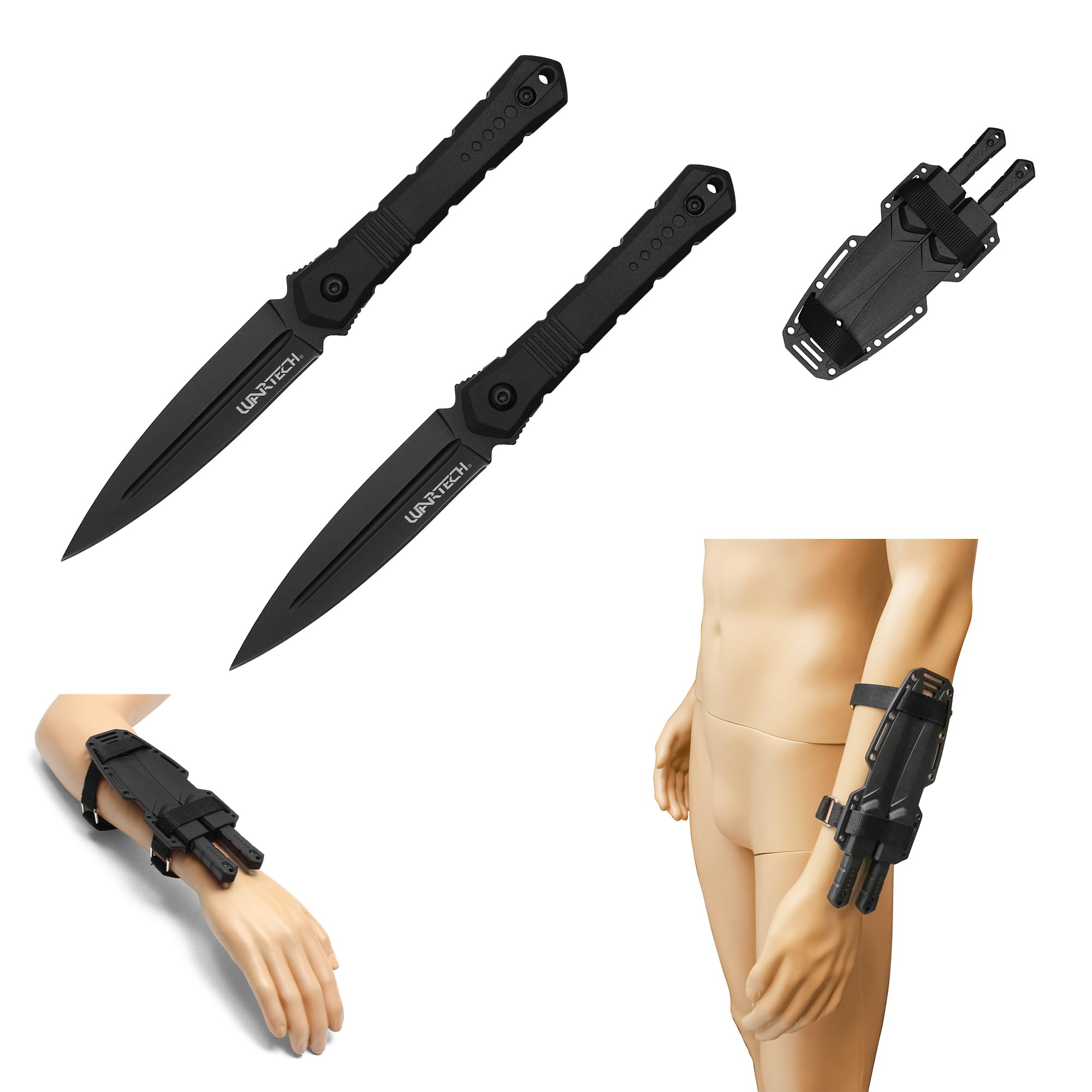7.5” Dual Arm Tactical Fixed Blade Knife Set | Spear Point Knives with Forearm Sheath | Survival EDC (BLACK)
