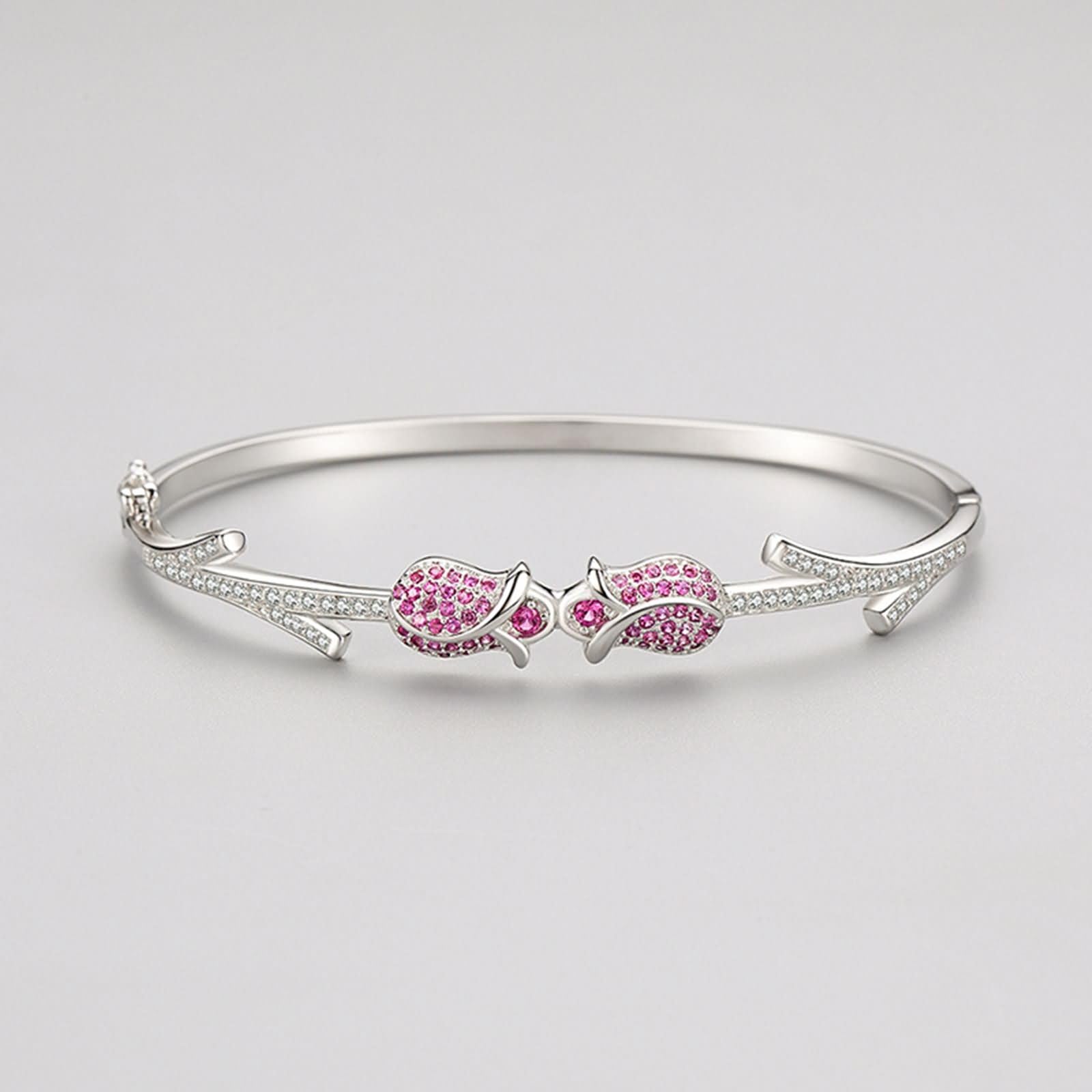 Pulsera de Oro Blanco 9 Kilates / 14 Kilates / 18 Kilates Mujer, Flor con Rubí Creado y Moissanita, Cadena 16 CM, Pulseras para Mujer de Plata Rosa