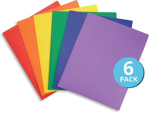6 Pack Multicolor Plastic Two Pocket Folders, Plastic Folders with 2 Pockets and Business Card Slot, 2 Pocket Plastic Folders for School, Home, and Work, 6 Pack Plastic Folders
