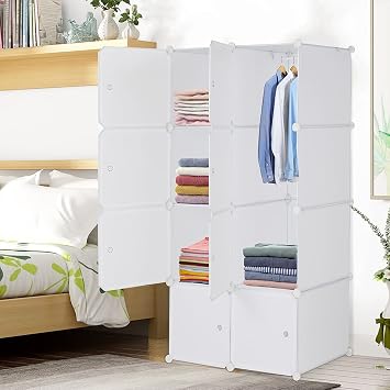 Cube Storage, 8-Cube Organizer Stackable Plastic Cube Storage Shelves Design Multifunctional Modular Closet Cabinet with Hanging Rod DIY Stackable Bookshelf, Modular shelving Units Ideal for Home