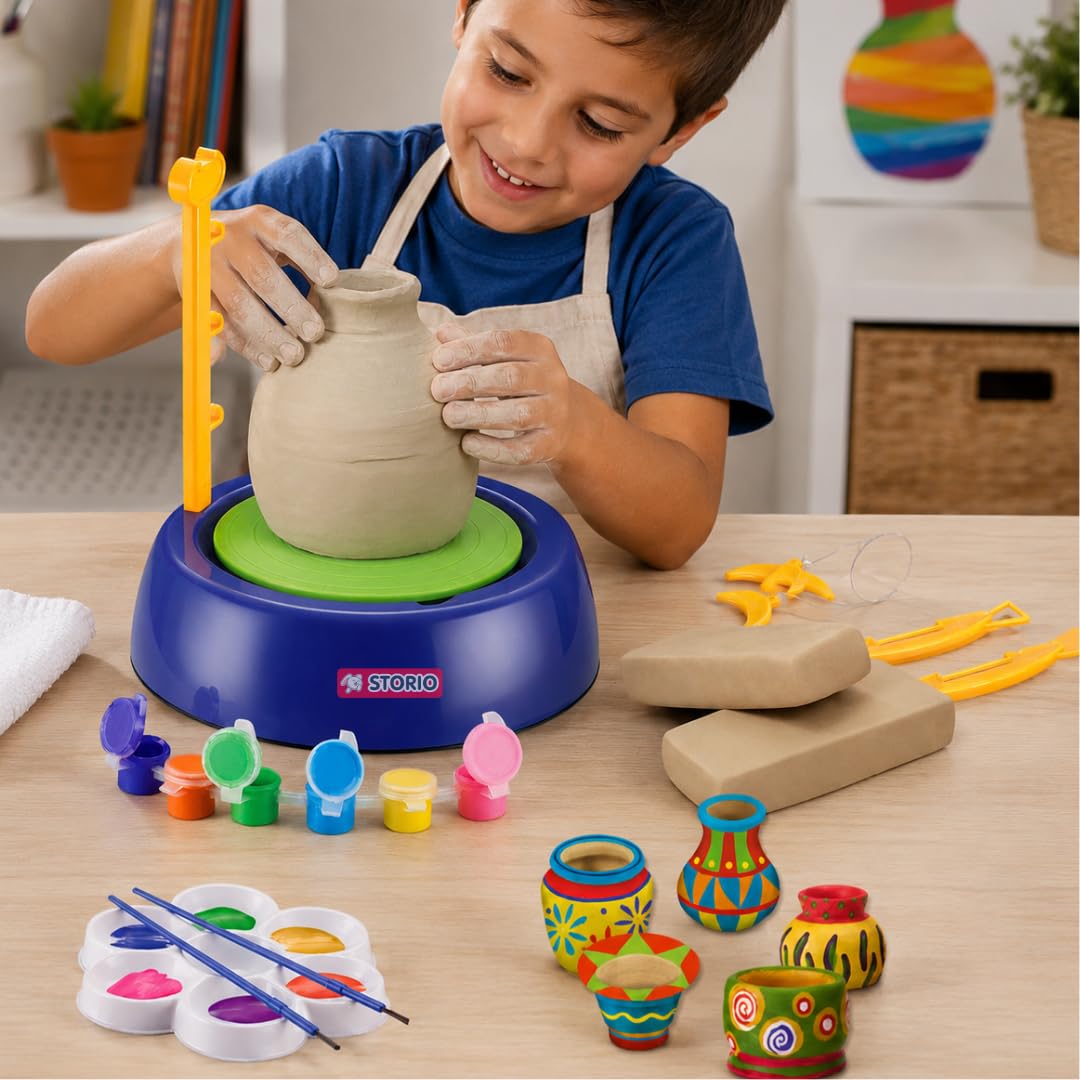 Storio Kids Art & Craft Pottery Wheel Kit|DIY Battery Operated Pottery Making & Painting Set|Modeling Clay,Sculpting Tools & Paints|Creative Kit for Boys & Girls Age 5+|Indoor Outdoor Toy (Multi)