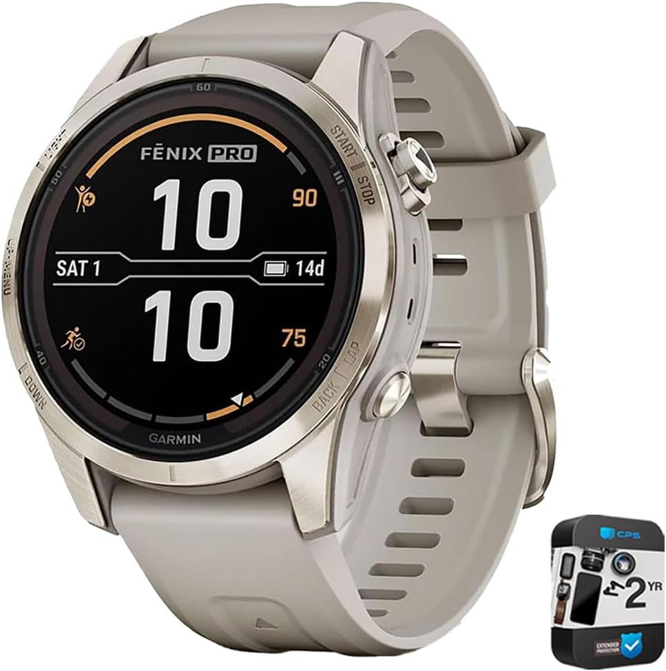 Garmin Fenix 7S Pro Solar, Sapphire, Soft Gold Steel, Light Sand Bundle with 2 Year Enhanced Protection Pack (Renewed)