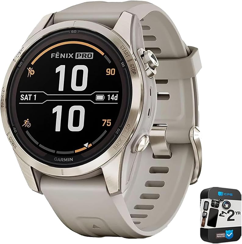 Garmin Fenix 7S Pro Solar, Sapphire, Soft Gold Steel, Light Sand Bundle with 2 Year Enhanced Protection Pack (Renewed)