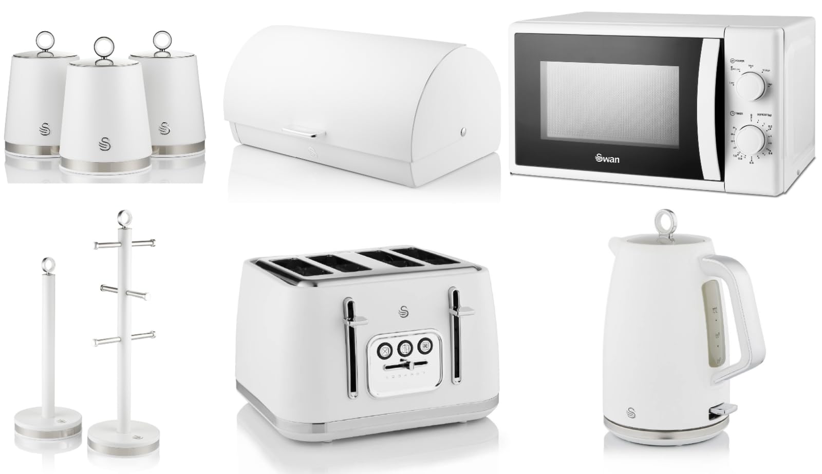 Swan White Serenity Kitchen Set Of 9 Including 1.7L 3Kw Jug Kettle, 4 Slice Toaster, 20L 700W Microwave, Bread Bin, Canisters, Mug Tree & Towel Pole – Complete Matching Kitchen Set In