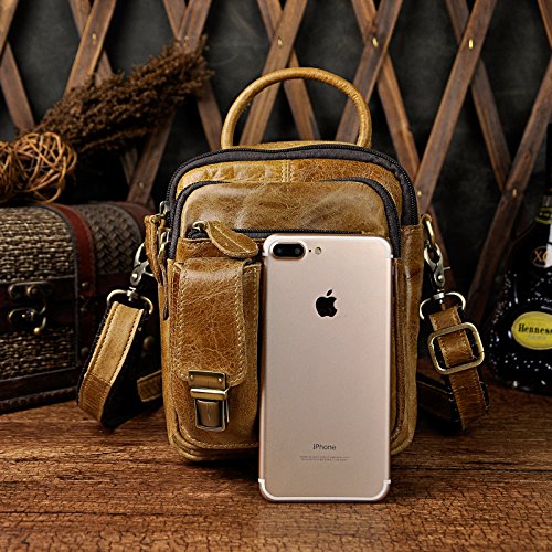 Le'aokuu Mens Genuine Leather Sling Messenger Shoulder Fanny Waist Pack Hip Bum Bag Tote (Light Brown) #TOP3