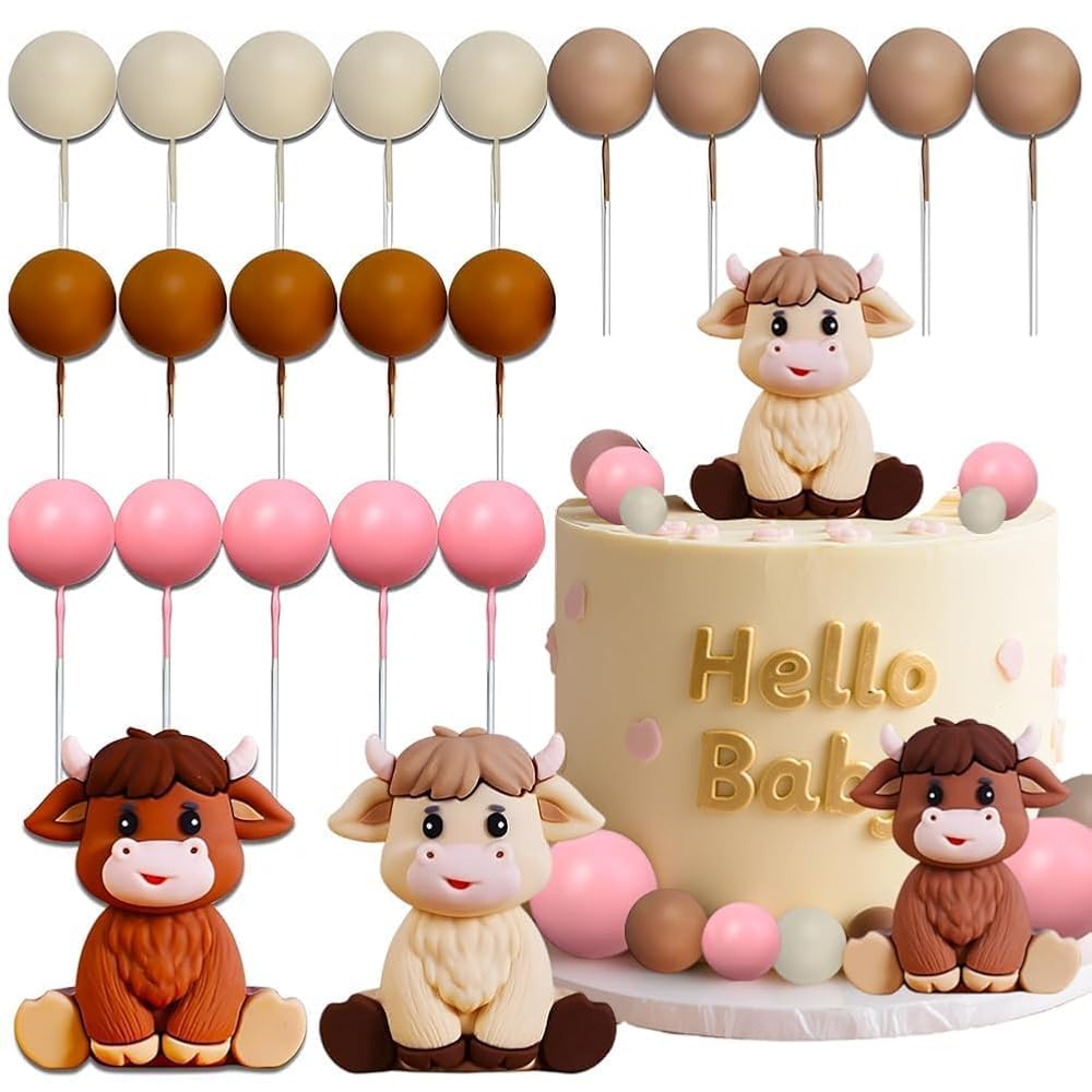 Jungle Ocean Animal/Car/Highland Cows/Mushrooms Cake Toppers Set, Safari Wild Cake Decorations, 3D Lifelike Figurines Grass Tropical Leaves For Kids Birthday Baby Shower Party (Highland cattle)