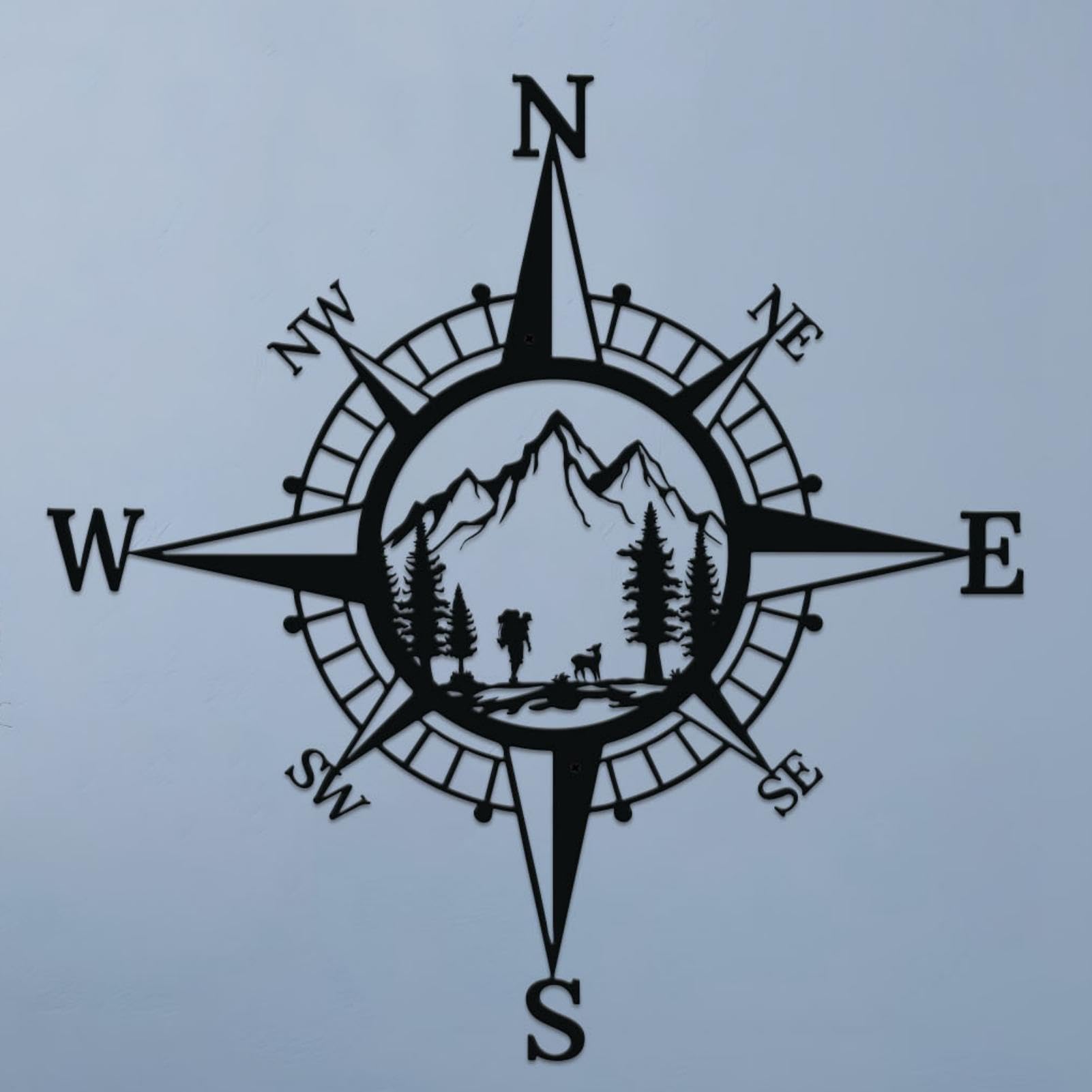 ruelen 43CM Metall Berg nautischer Kompass Wanddekor, Bergsteiger Dekoration, Deko Wand, FüR Wohnzimmer, Schlafzimmer, Büro, Bad, Veranda, Garten, Strandthema Und Haus Wanddekoration (Schwarz)