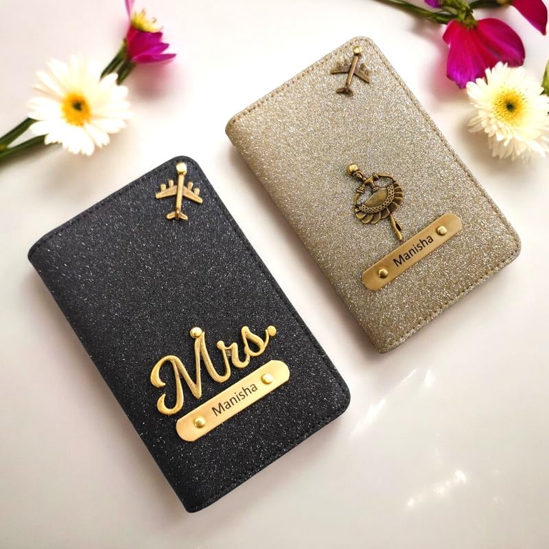 Image of Personalised Glitered Name Passport Cover Combo Pack| Combo Pack of 2 | Passport Cover for Womens and Girls| Gift Pack|Travel Assessories Black & Golden