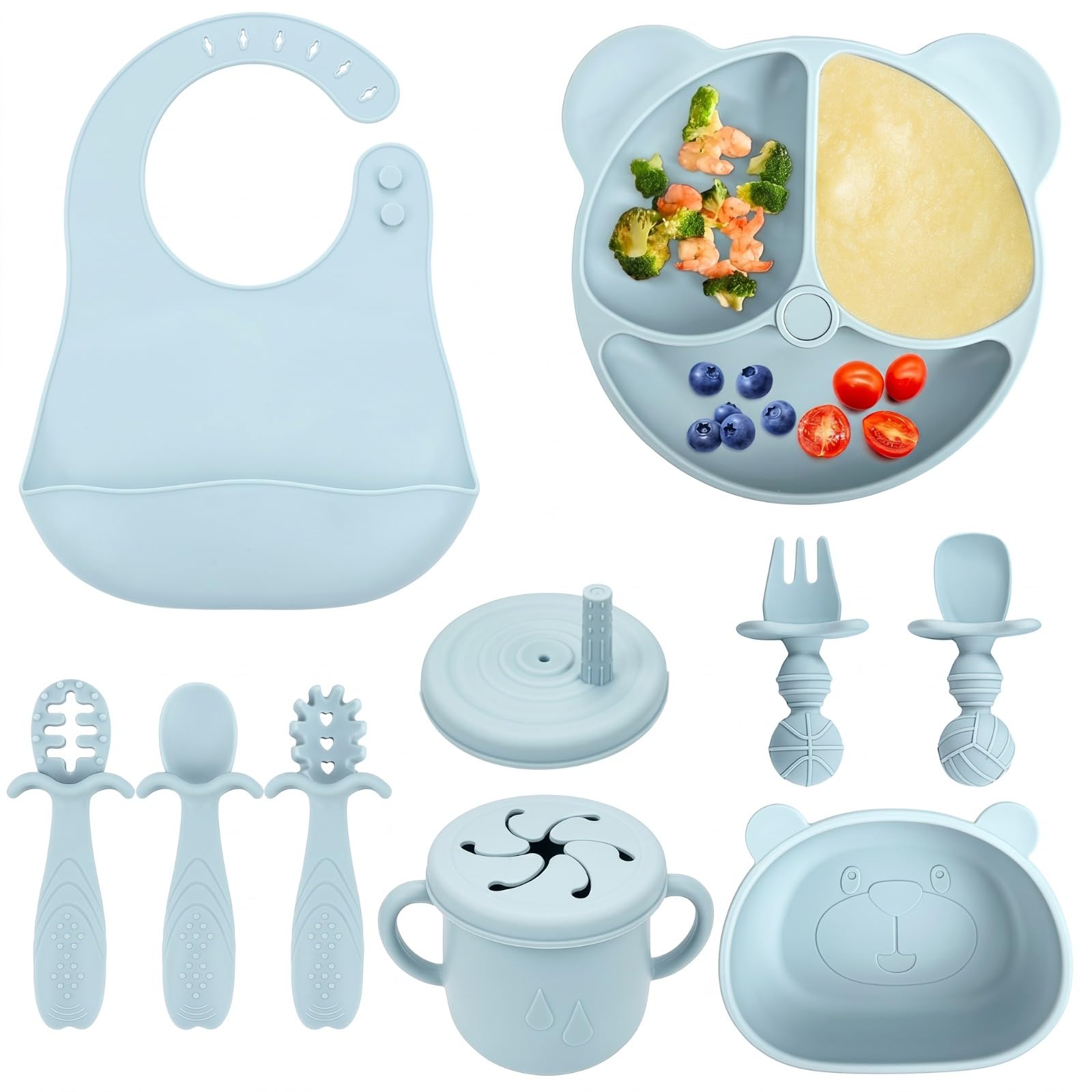Baby Weaning Set 10 Pcs, Silicone Feeding Kit with Plate Bowl Bib & Fork